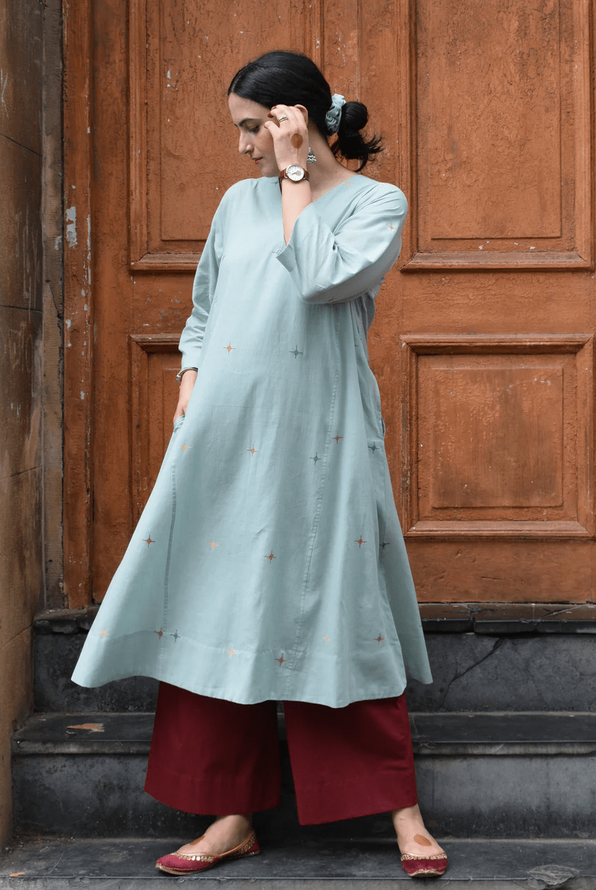 Sea Green Jamdani Phiran with Maroon Pyjama - CiceroniKurta Set, Everyday WearHouse of Moxa