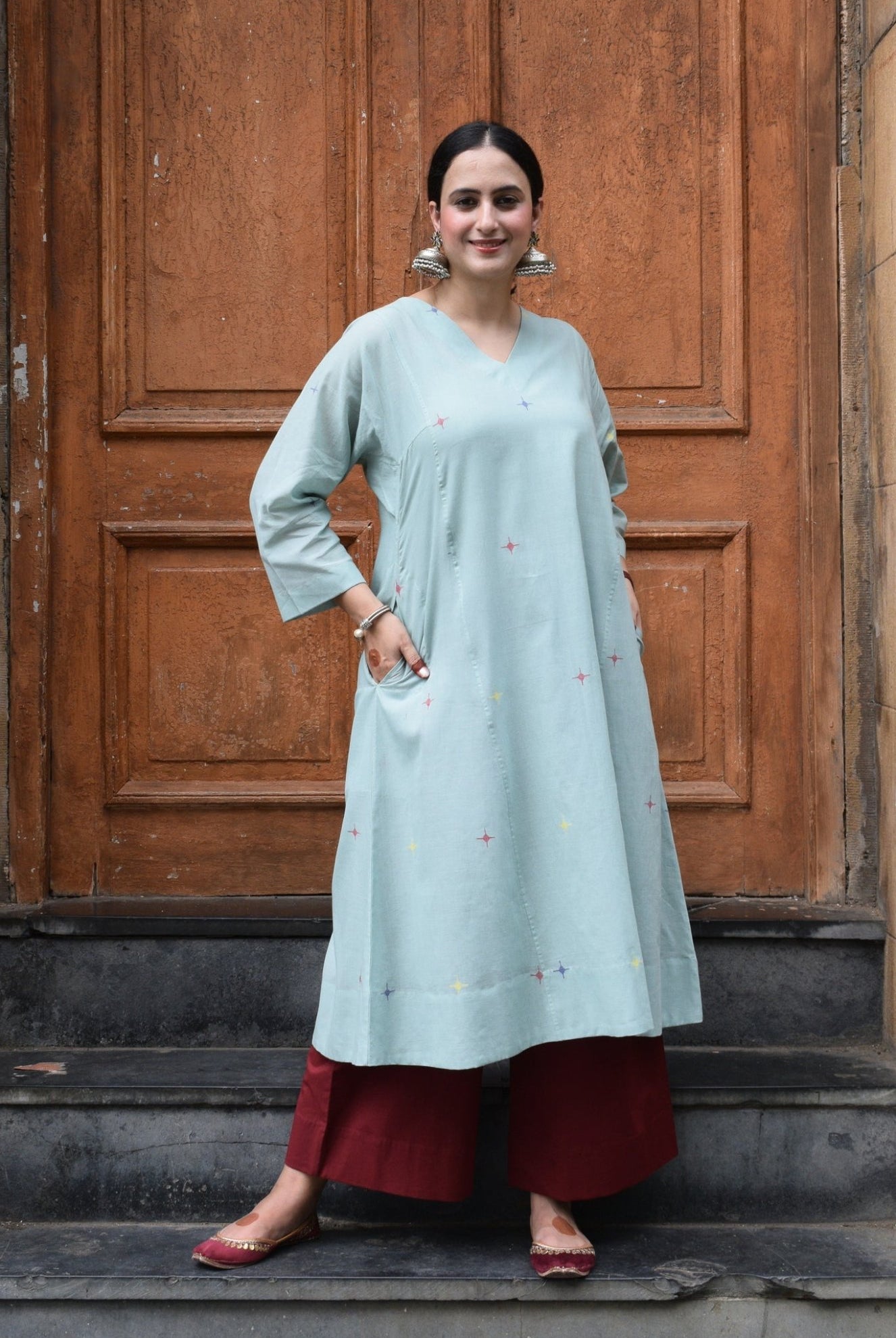 Sea Green Jamdani Phiran with Maroon Pyjama - CiceroniKurta Set, Everyday WearHouse of Moxa