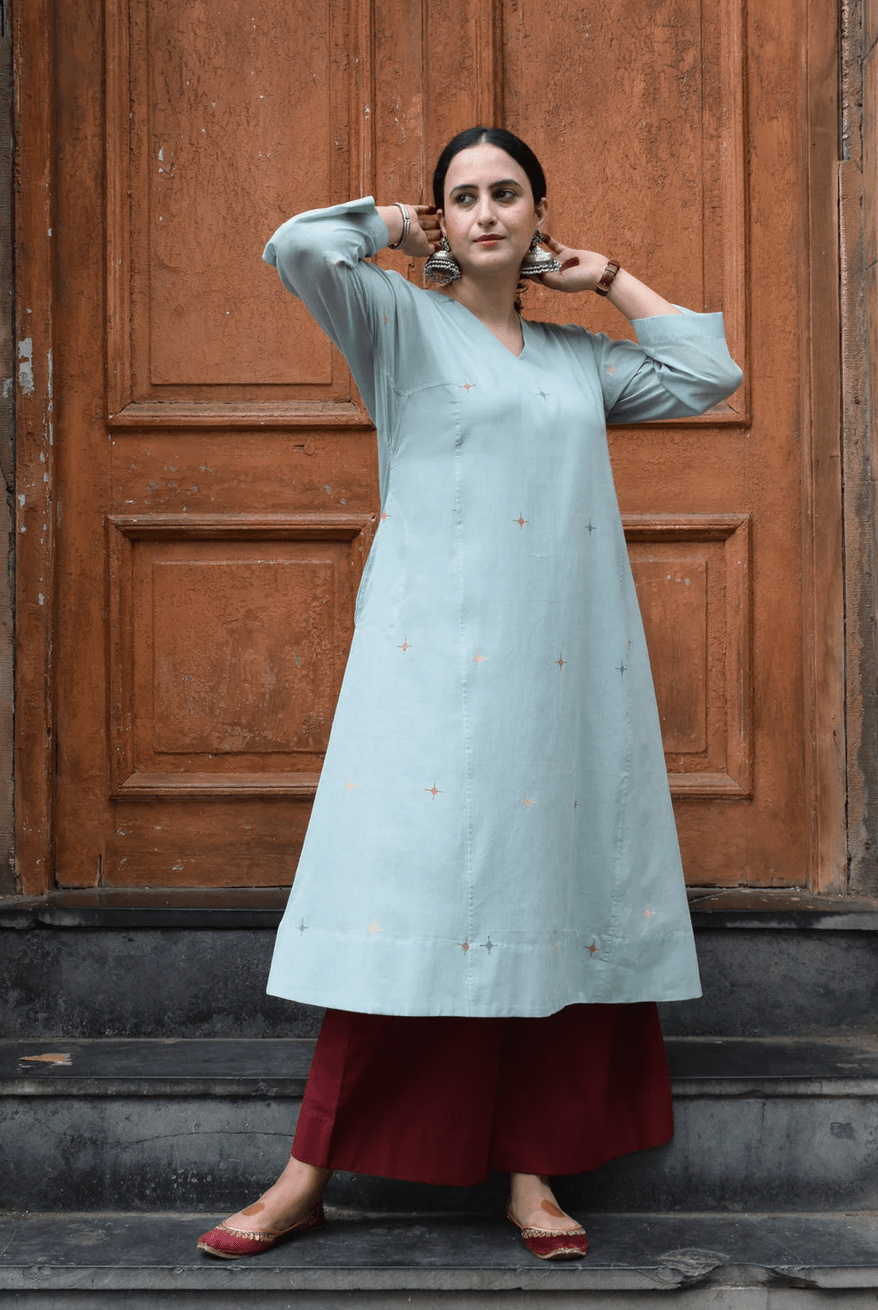 Sea Green Jamdani Phiran with Maroon Pyjama - CiceroniKurta Set, Everyday WearHouse of Moxa