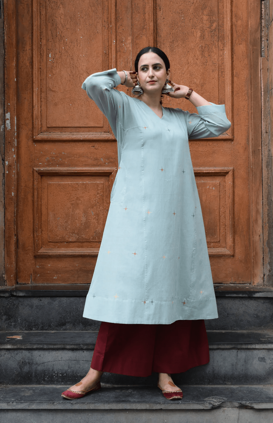 Sea Green Jamdani Phiran with Maroon Pyjama - CiceroniKurta Set, Everyday WearHouse of Moxa