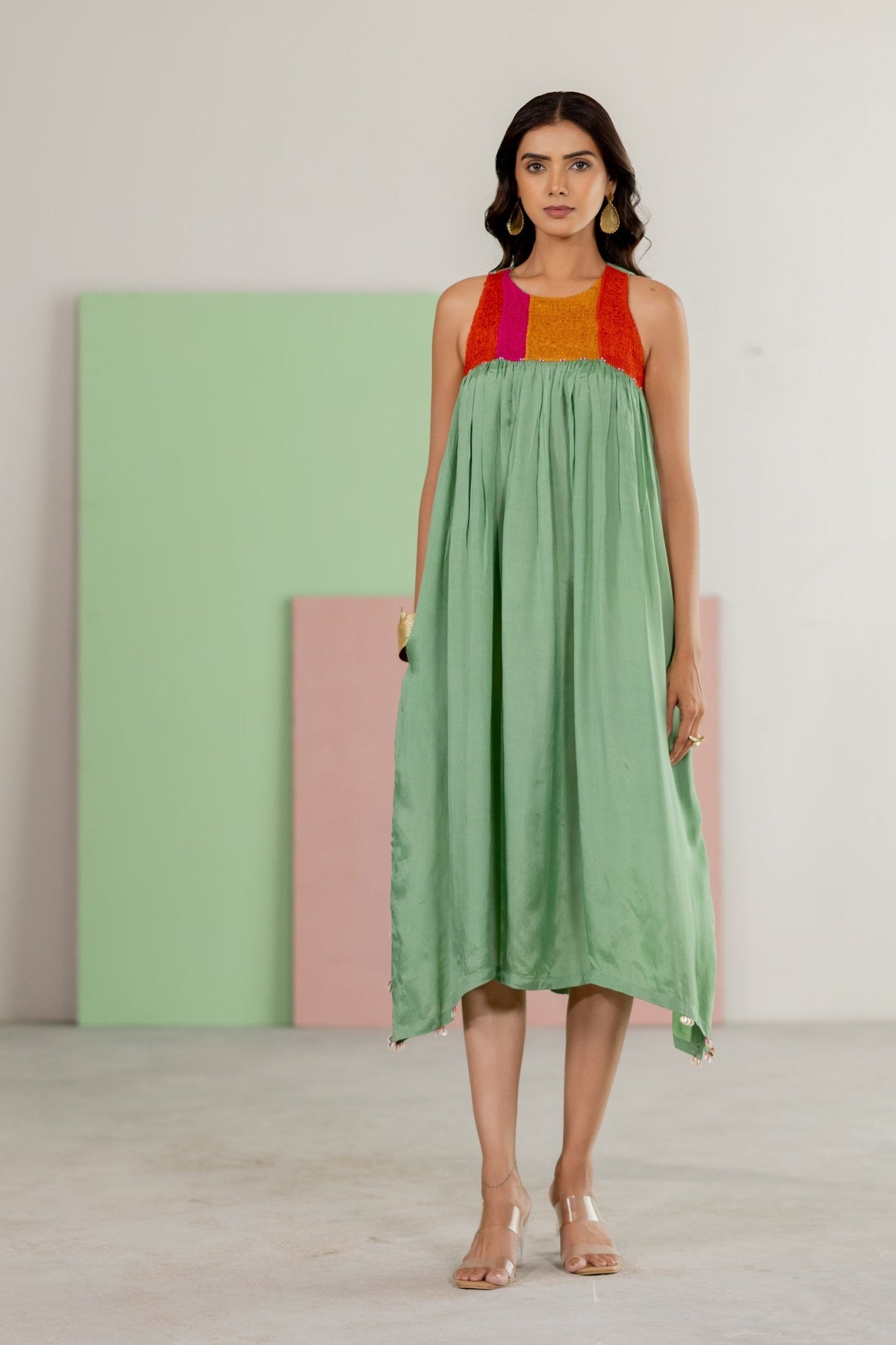 Sea Green Sleeveless Dress - CiceroniDressesTussah