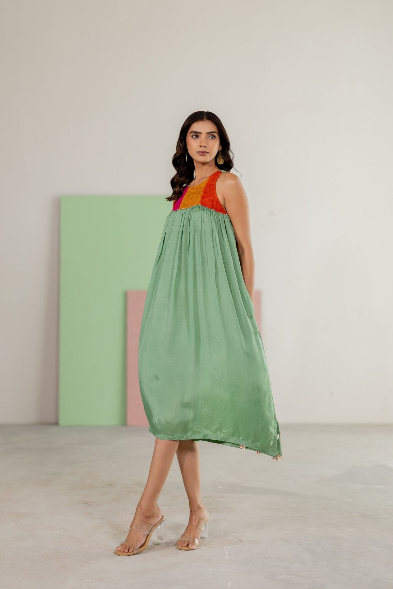 Sea Green Sleeveless Dress - CiceroniDressesTussah