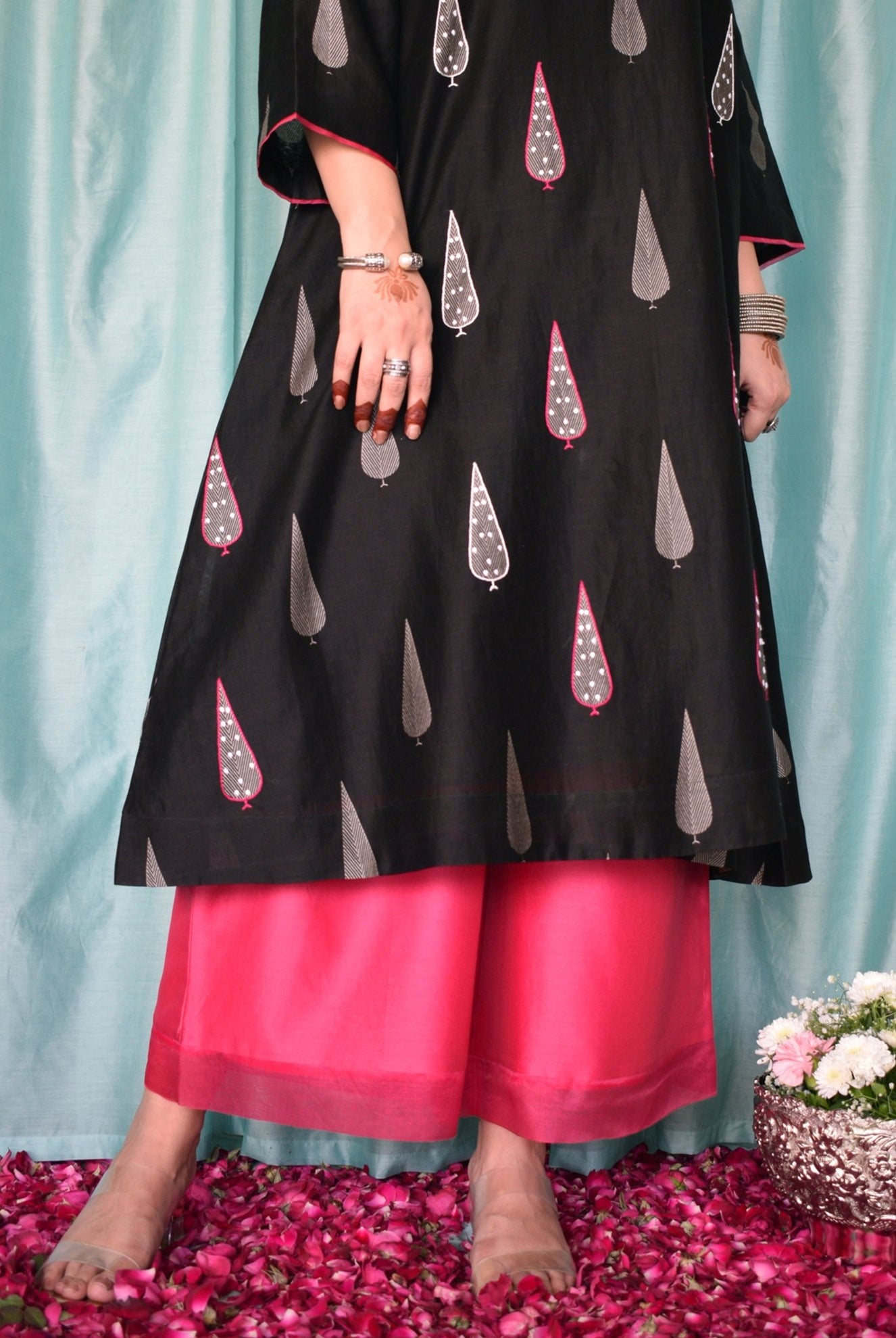 Shyam Chanderi Set with Hand Embroidered A line Kurta and Wide Legged Pyjama - CiceroniKurta Set, Festive wearHouse of Moxa