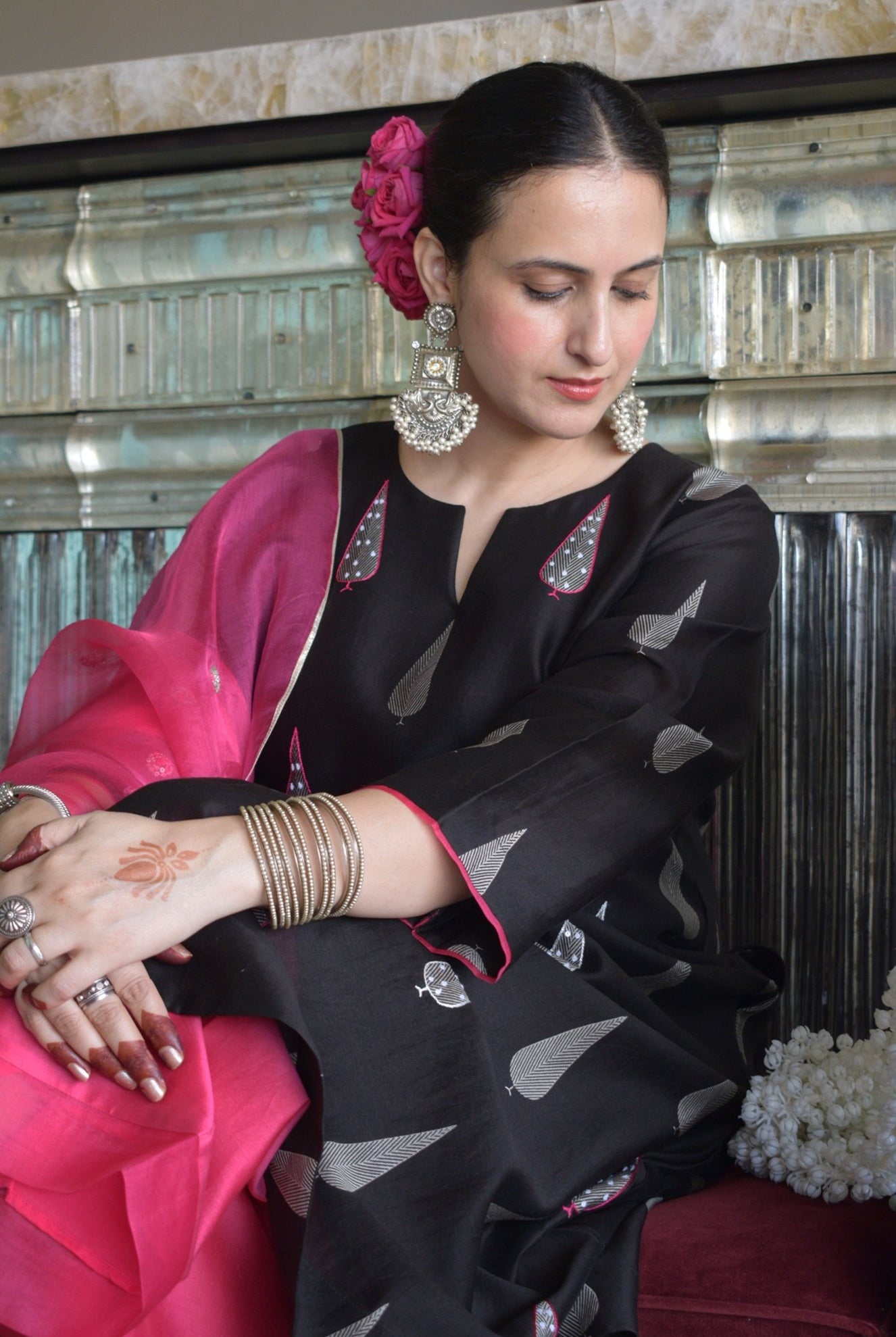 Shyam Chanderi Set with Hand Embroidered A line Kurta and Wide Legged Pyjama - CiceroniKurta Set, Festive wearHouse of Moxa