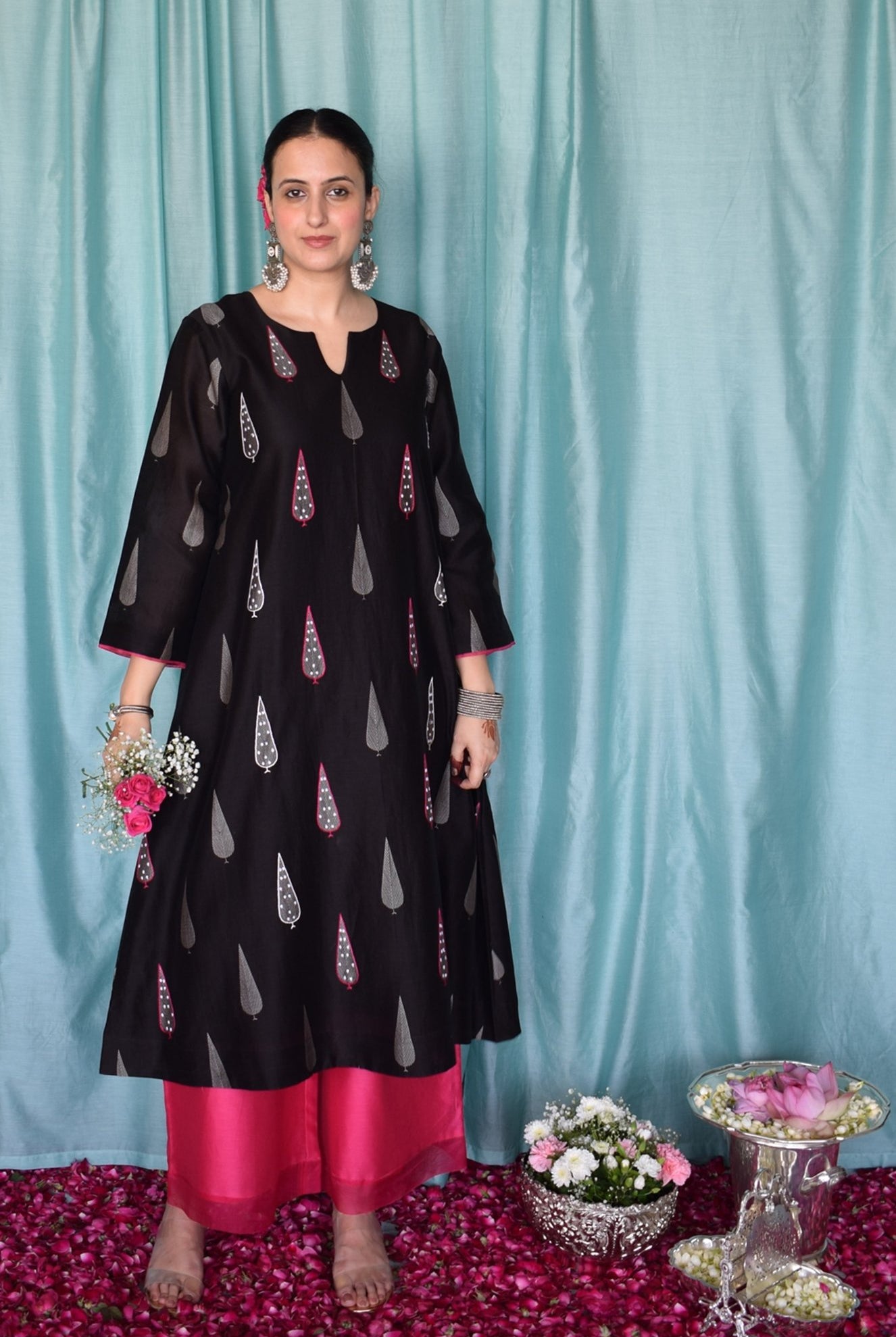 Shyam Chanderi Set with Hand Embroidered A line Kurta and Wide Legged Pyjama - CiceroniKurta Set, Festive wearHouse of Moxa
