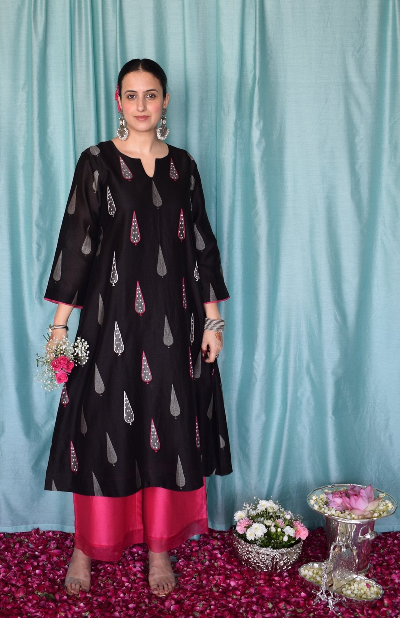 Shyam Chanderi Set with Hand Embroidered A line Kurta and Wide Legged Pyjama - CiceroniKurta Set, Festive wearHouse of Moxa