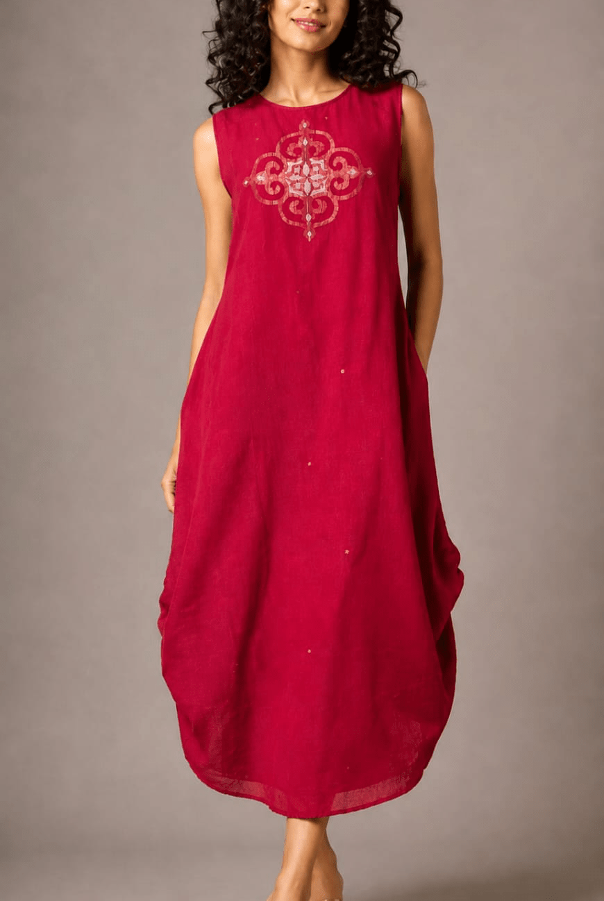 Side Gathered Dress - Red Tile - CiceroniDressesBhomra