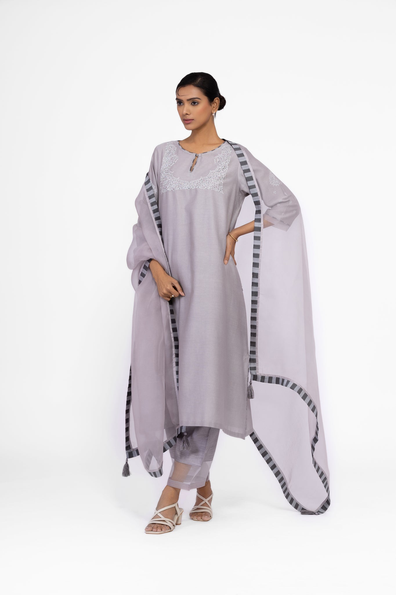Silver Grey - Round Neck - Chanderi Silk A - line Kurta Set - CiceroniKurta Set, Festive WearBhavik Shah