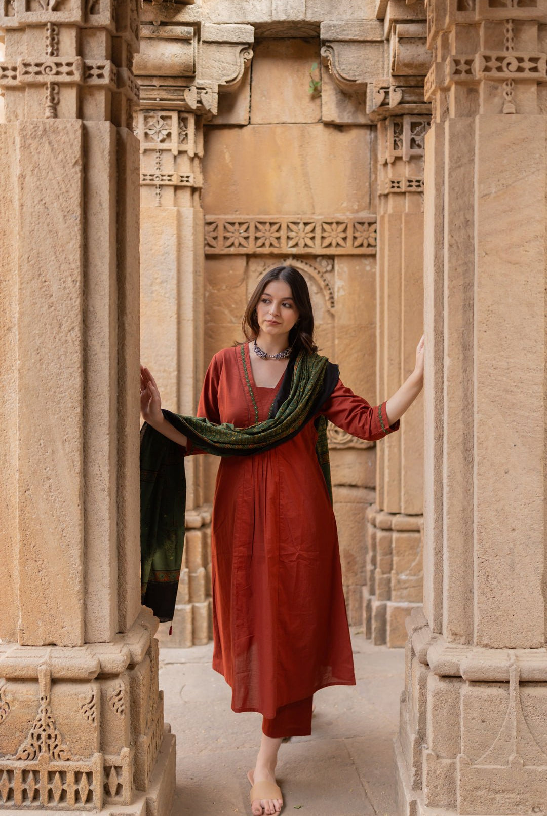 Sindhur Earth Kurta Set with Ajrakh Dupatta - CiceroniKurta Set, Everyday WearMaidaan
