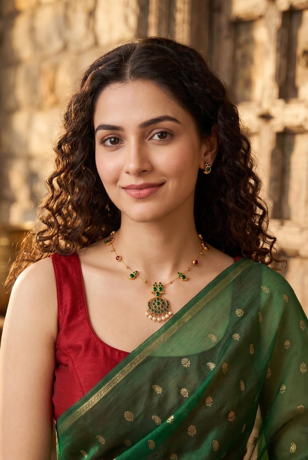Single Layered Green Kemp Maanga and Red Stone Necklace - CiceroniNecklace SetAarika