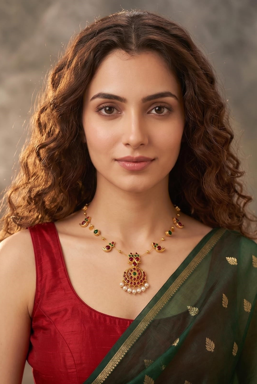 Single Layered Red Kemp Maanga and Green Stone Necklace - CiceroniNecklace SetAarika