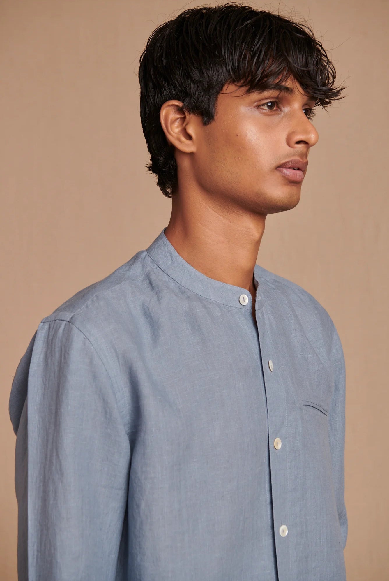 Sky Linen Men's Band Collar Shirt - Slim Fit - CiceroniShirtSaphed