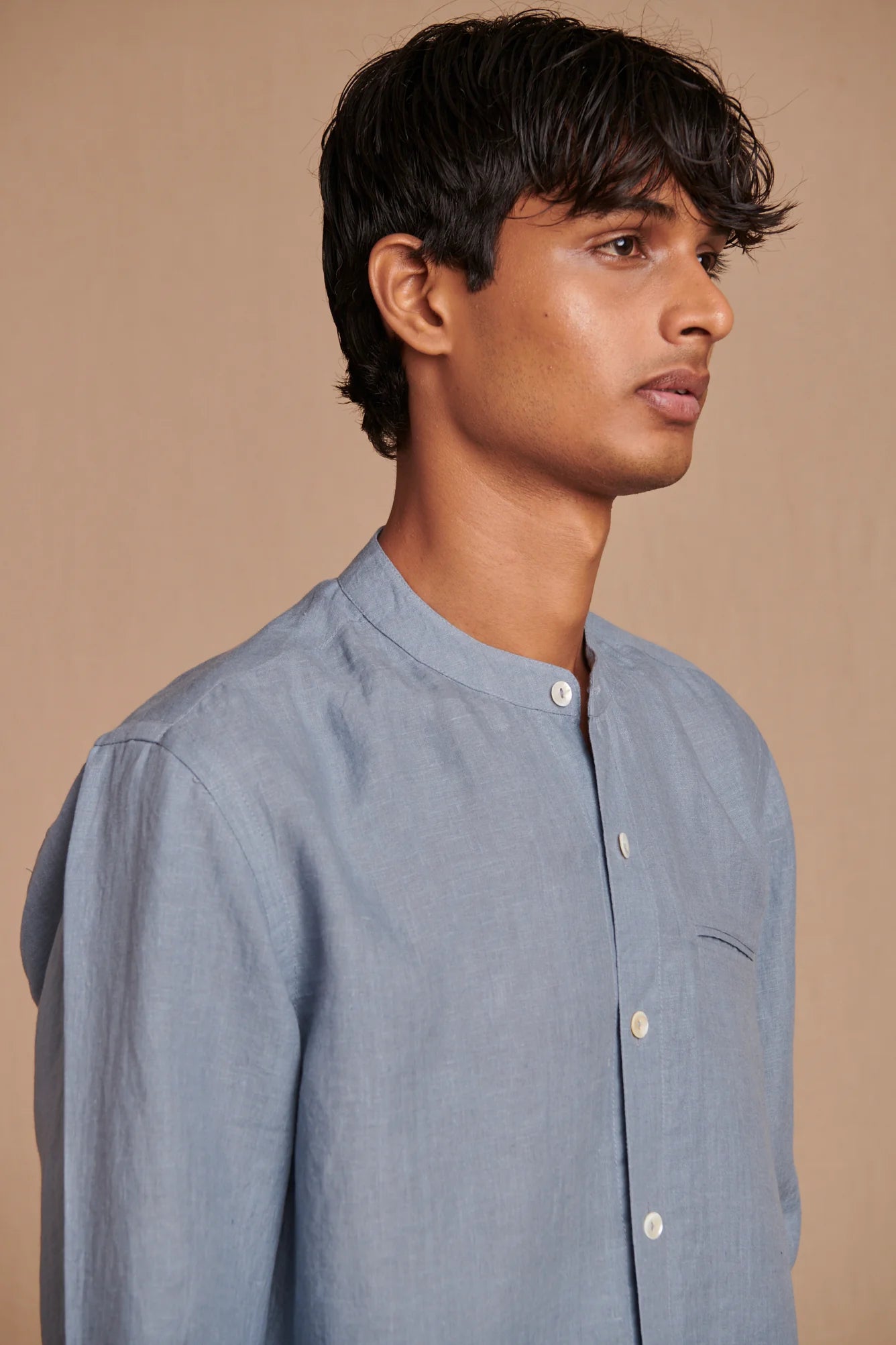 Sky Linen Men's Band Collar Shirt - Slim Fit - CiceroniShirtSaphed