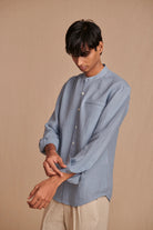 Sky Linen Men's Band Collar Shirt - Slim Fit - CiceroniShirtSaphed