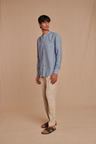Sky Linen Men's Band Collar Shirt - Slim Fit - CiceroniShirtSaphed