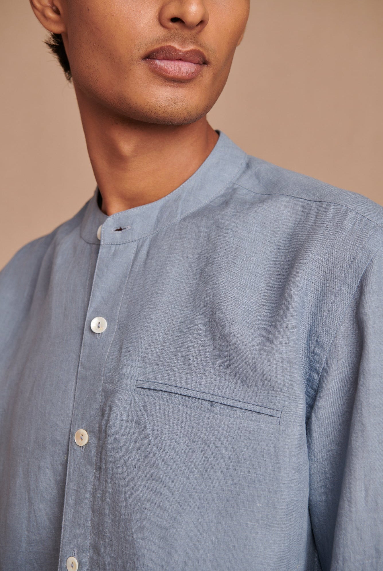 Sky Linen Men's Band Collar Shirt - Slim Fit - CiceroniShirtSaphed