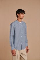 Sky Linen Men's Band Collar Shirt - Slim Fit - CiceroniShirtSaphed