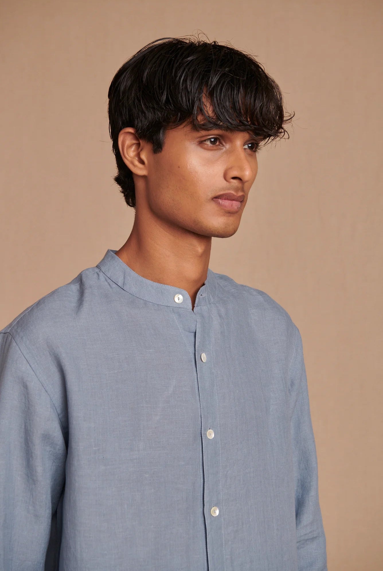 Sky Linen Men's Band Collar Shirt - CiceroniShirtSaphed