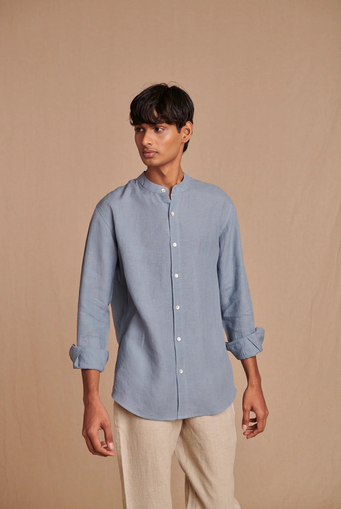 Sky Linen Men's Band Collar Shirt - CiceroniShirtSaphed
