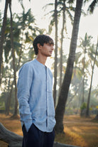 Sky Pinstripe Linen Men's Band Collar Shirt - Slim Fit - CiceroniShirtSaphed