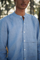 Sky Pinstripe Linen Men's Band Collar Shirt - Slim Fit - CiceroniShirtSaphed