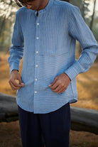 Sky Pinstripe Linen Men's Band Collar Shirt - Slim Fit - CiceroniShirtSaphed