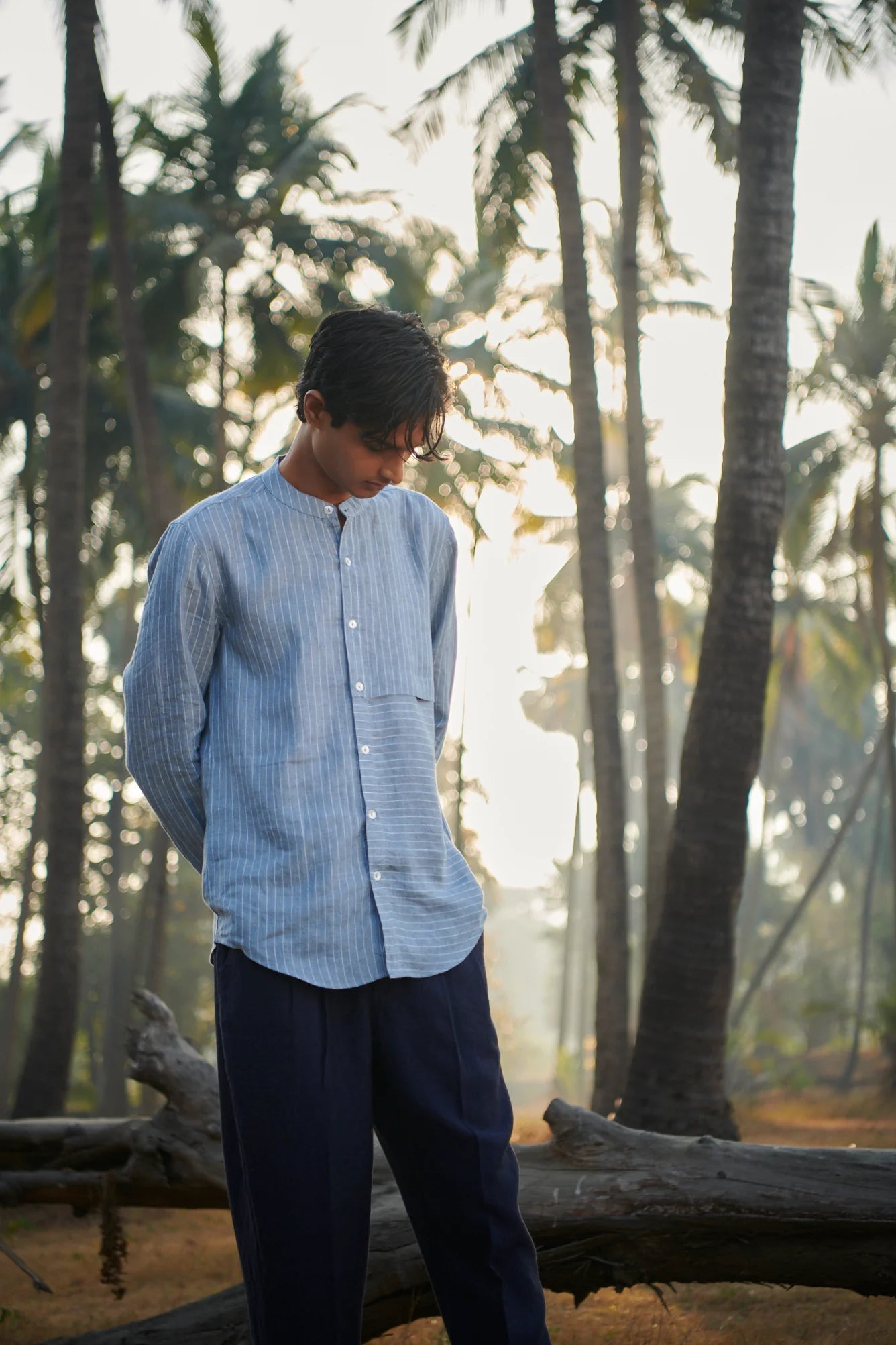 Sky Pinstripe Linen Men's Band Collar Shirt - Slim Fit - CiceroniShirtSaphed