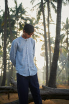 Sky Pinstripe Linen Men's Band Collar Shirt - Slim Fit - CiceroniShirtSaphed