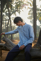 Sky Pinstripe Linen Men's Band Collar Shirt - Slim Fit - CiceroniShirtSaphed