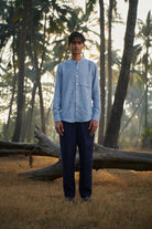 Sky Pinstripe Linen Men's Band Collar Shirt - Slim Fit - CiceroniShirtSaphed