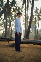 Sky Pinstripe Linen Men's Band Collar Shirt - Slim Fit - CiceroniShirtSaphed