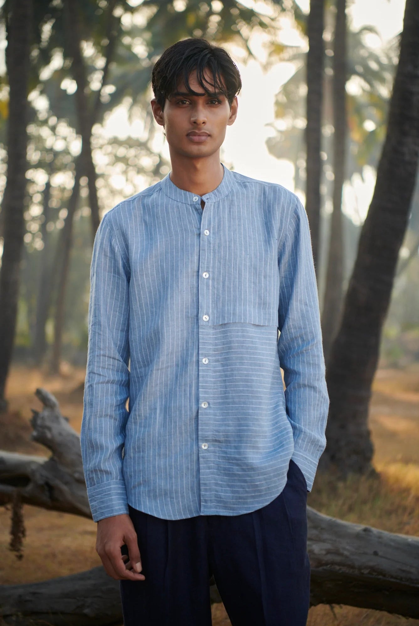 Sky Pinstripe Linen Men's Band Collar Shirt - Slim Fit - CiceroniShirtSaphed