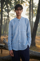 Sky Pinstripe Linen Men's Band Collar Shirt - Slim Fit - CiceroniShirtSaphed