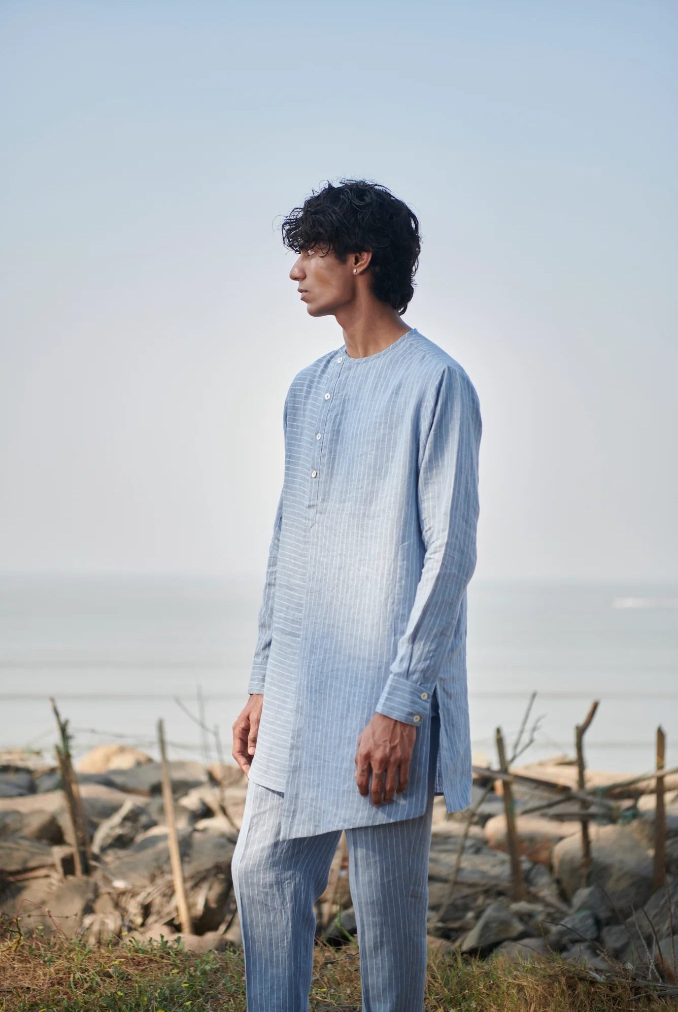 Sky Pinstripe Linen Side Open Kurta Set - CiceroniKurta SetSaphed