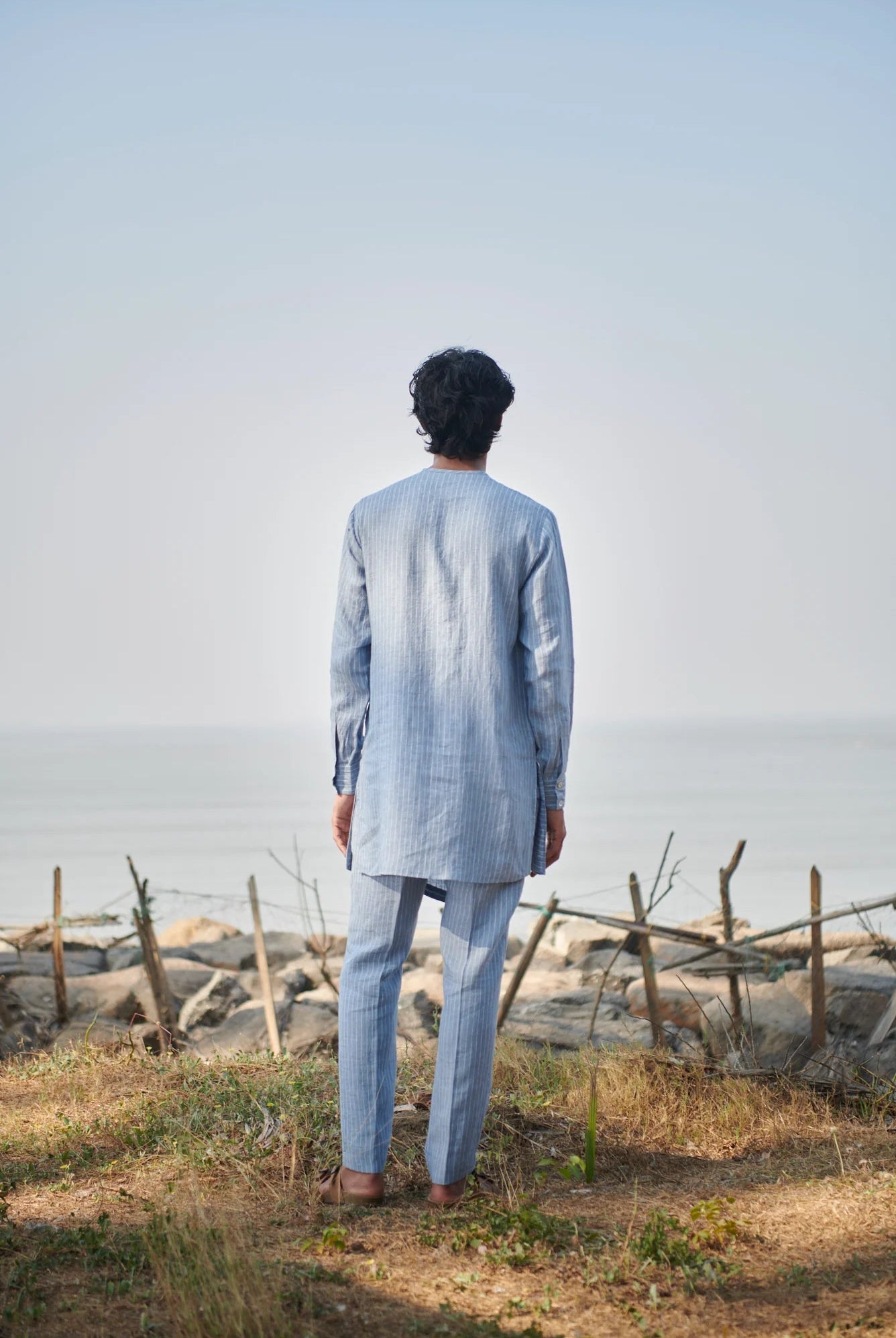 Sky Pinstripe Linen Side Open Kurta Set - CiceroniKurta SetSaphed