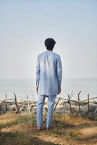 Sky Pinstripe Linen Side Open Kurta Set - CiceroniKurta SetSaphed