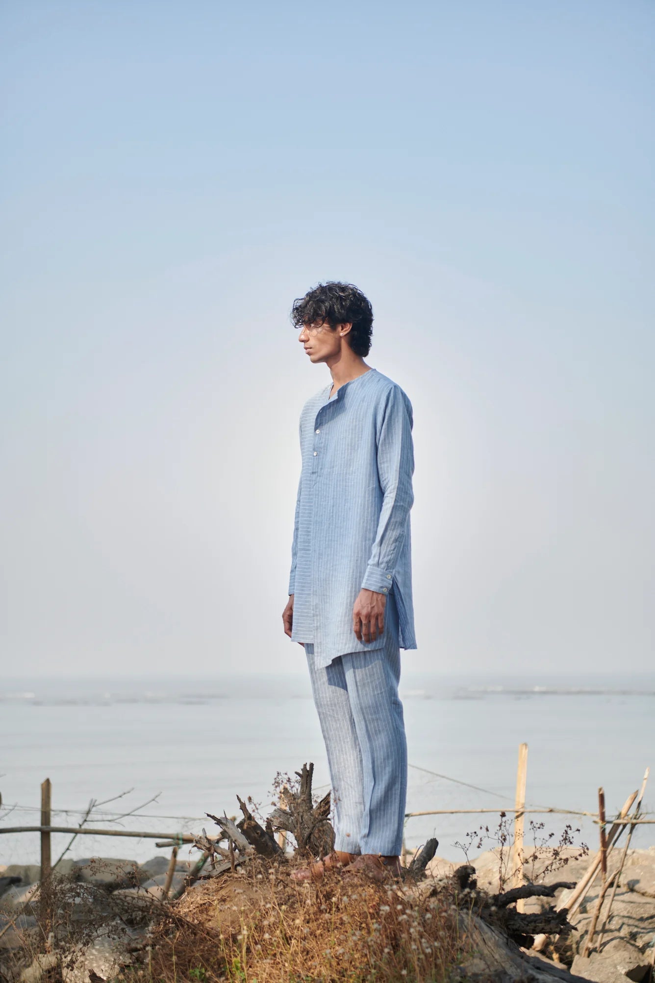 Sky Pinstripe Linen Side Open Kurta Set - CiceroniKurta SetSaphed