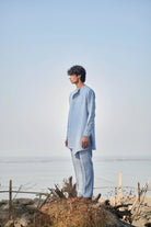 Sky Pinstripe Linen Side Open Kurta Set - CiceroniKurta SetSaphed