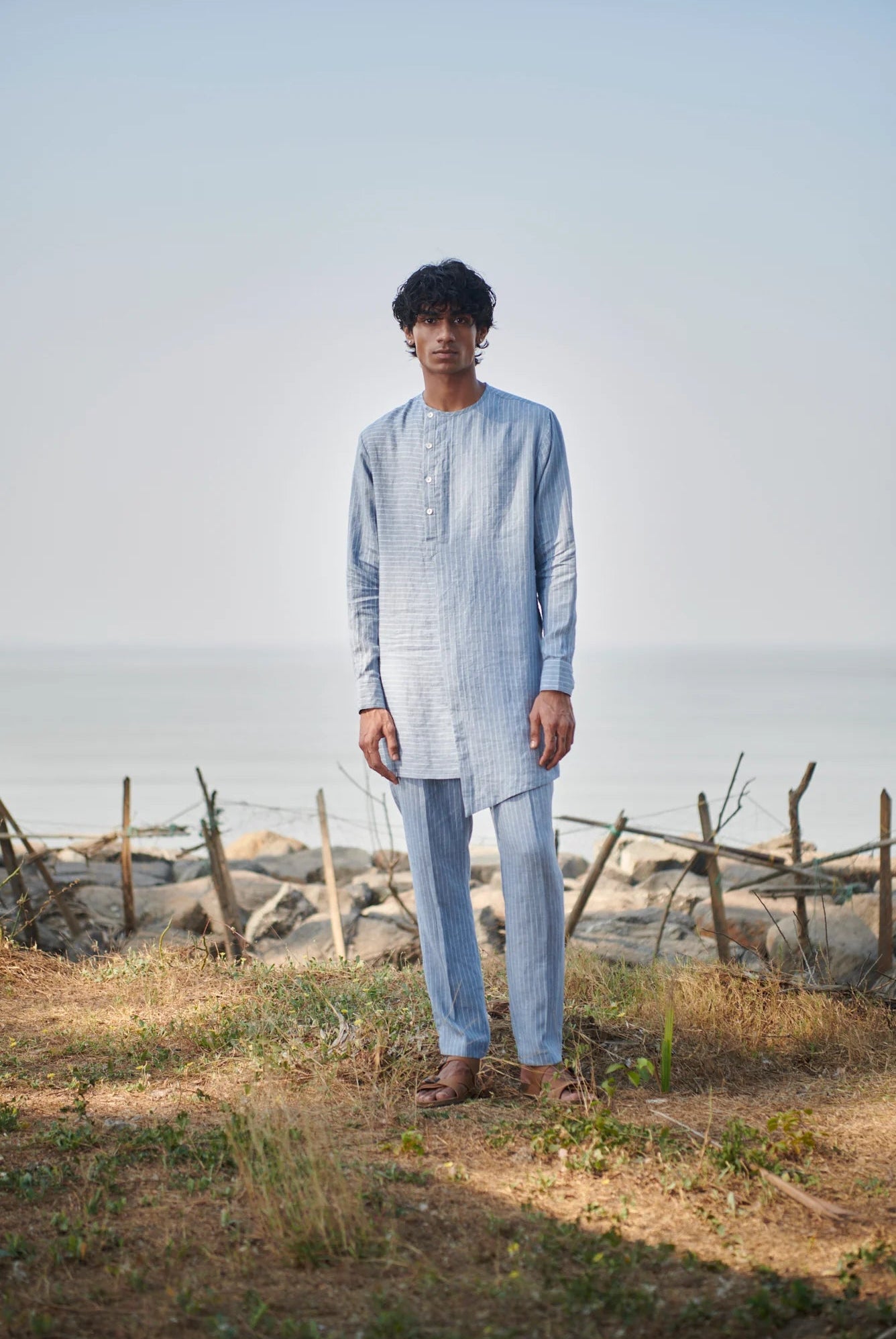 Sky Pinstripe Linen Side Open Kurta Set - CiceroniKurta SetSaphed