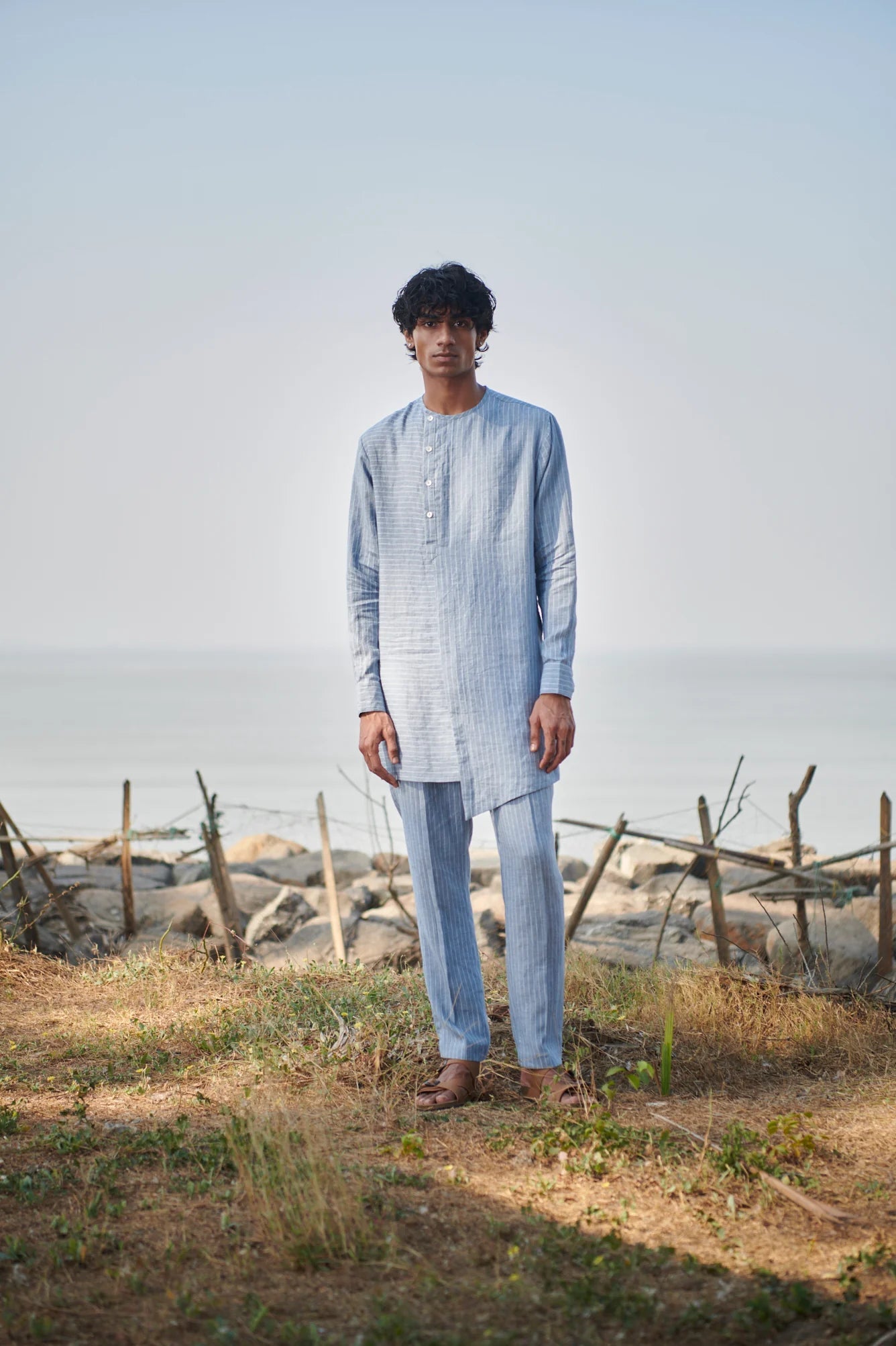 Sky Pinstripe Linen Side Open Kurta Set - CiceroniKurta SetSaphed