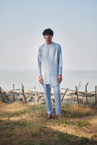 Sky Pinstripe Linen Side Open Kurta Set - CiceroniKurta SetSaphed