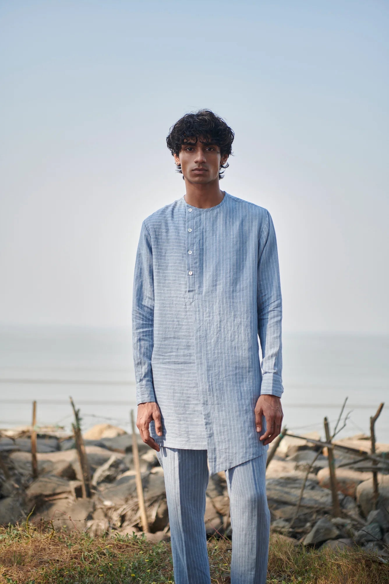 Sky Pinstripe Linen Side Open Kurta Set - CiceroniKurta SetSaphed