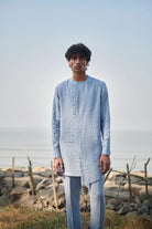 Sky Pinstripe Linen Side Open Kurta Set - CiceroniKurta SetSaphed