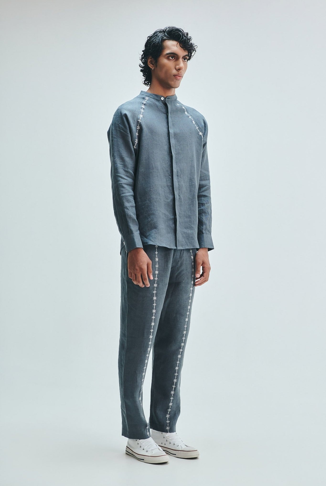 Slate Linen Embroidered Men's Raglan Shirt Set - CiceroniCo-ord SetSaphed
