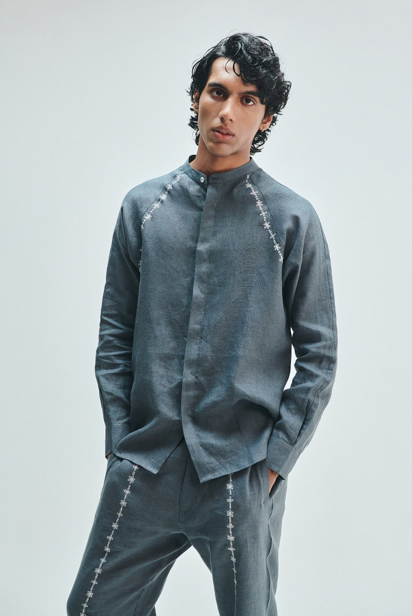 Slate Linen Embroidered Men's Raglan Shirt Set - CiceroniCo-ord SetSaphed