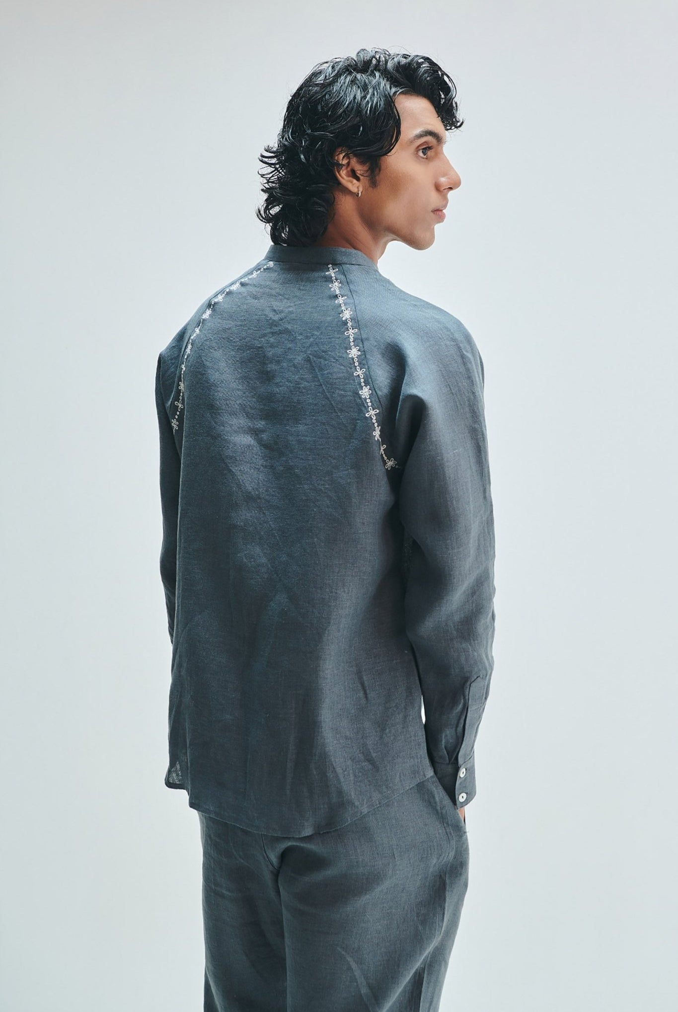 Slate Linen Embroidered Men's Raglan Shirt Set - CiceroniCo-ord SetSaphed
