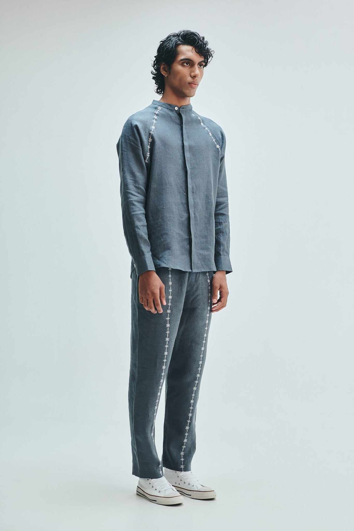 Slate Linen Embroidered Men's Tapered Lounge Pants - CiceroniLounge PantsSaphed