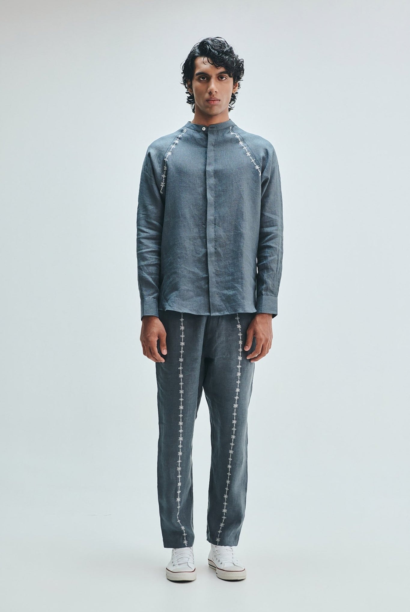 Slate Linen Embroidered Men's Tapered Lounge Pants - CiceroniLounge PantsSaphed