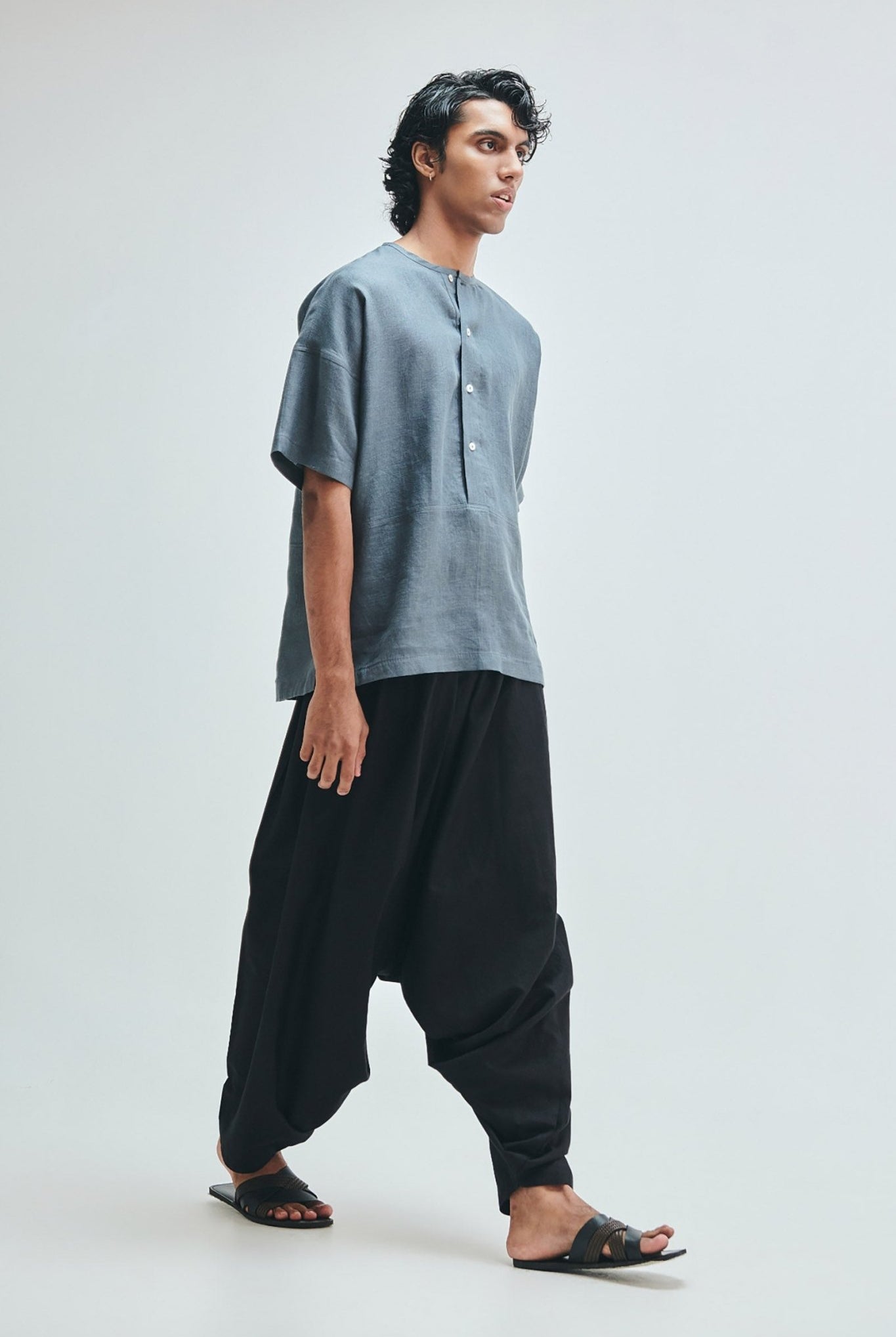Slate Linen Men's Half Sleeves Panelled Shirt Kurta - CiceroniShirt KurtaSaphed