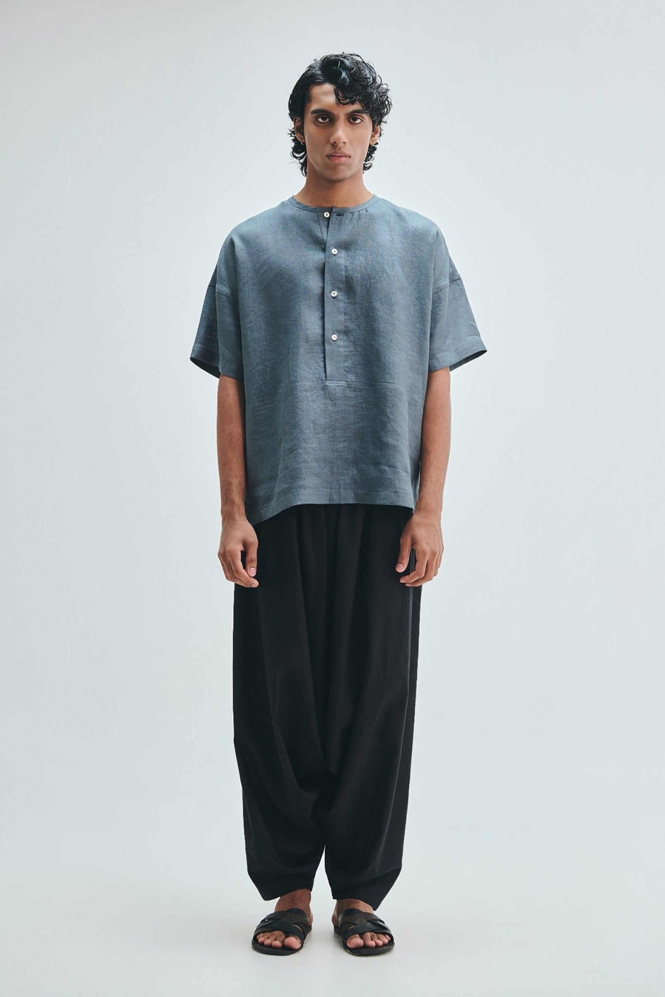 Slate Linen Men's Half Sleeves Panelled Shirt Kurta - CiceroniShirt KurtaSaphed